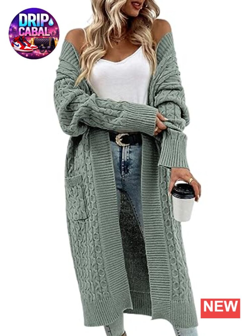 Womens Cable Knit Long Cardigan Open Front Sweater with Pockets